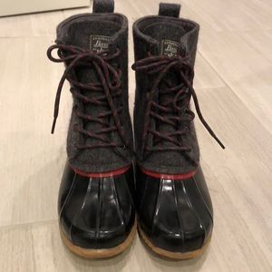 Gray and black Duck boots